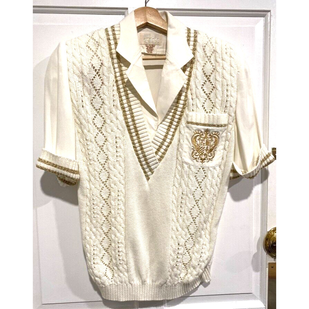 Cache - Vintage white knitted Vest/Shirt combo white & Gold women's size Medium